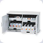 Bezpečnostní skříň pro ukládání kyselin a louhů, nízká varianta pro umístění pod stoly a digestoře_4 zásuvky s plastovými výsuvnými vanami